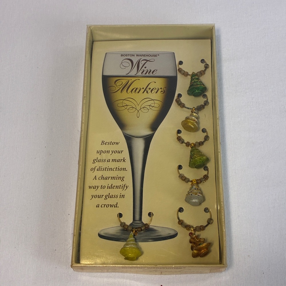 VTG Christmas Tree Wine Charms Set 6 Boston Warehouse Retro Kitsch Whimsical Fun - Picture 2 of 6